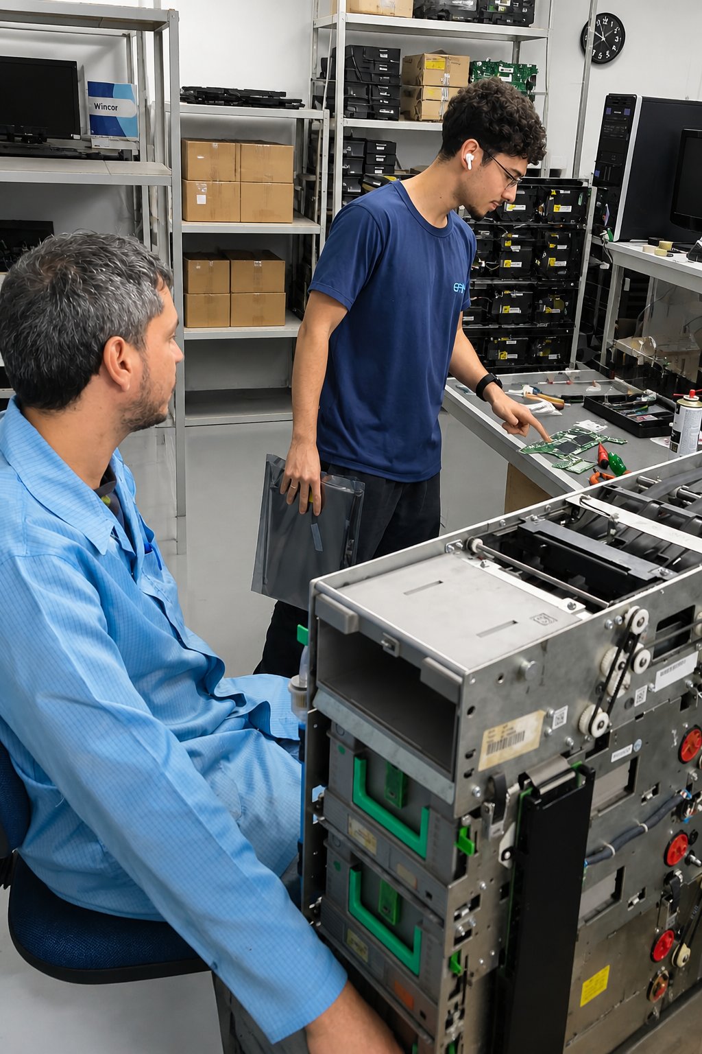 Técnicos na bancada de automação