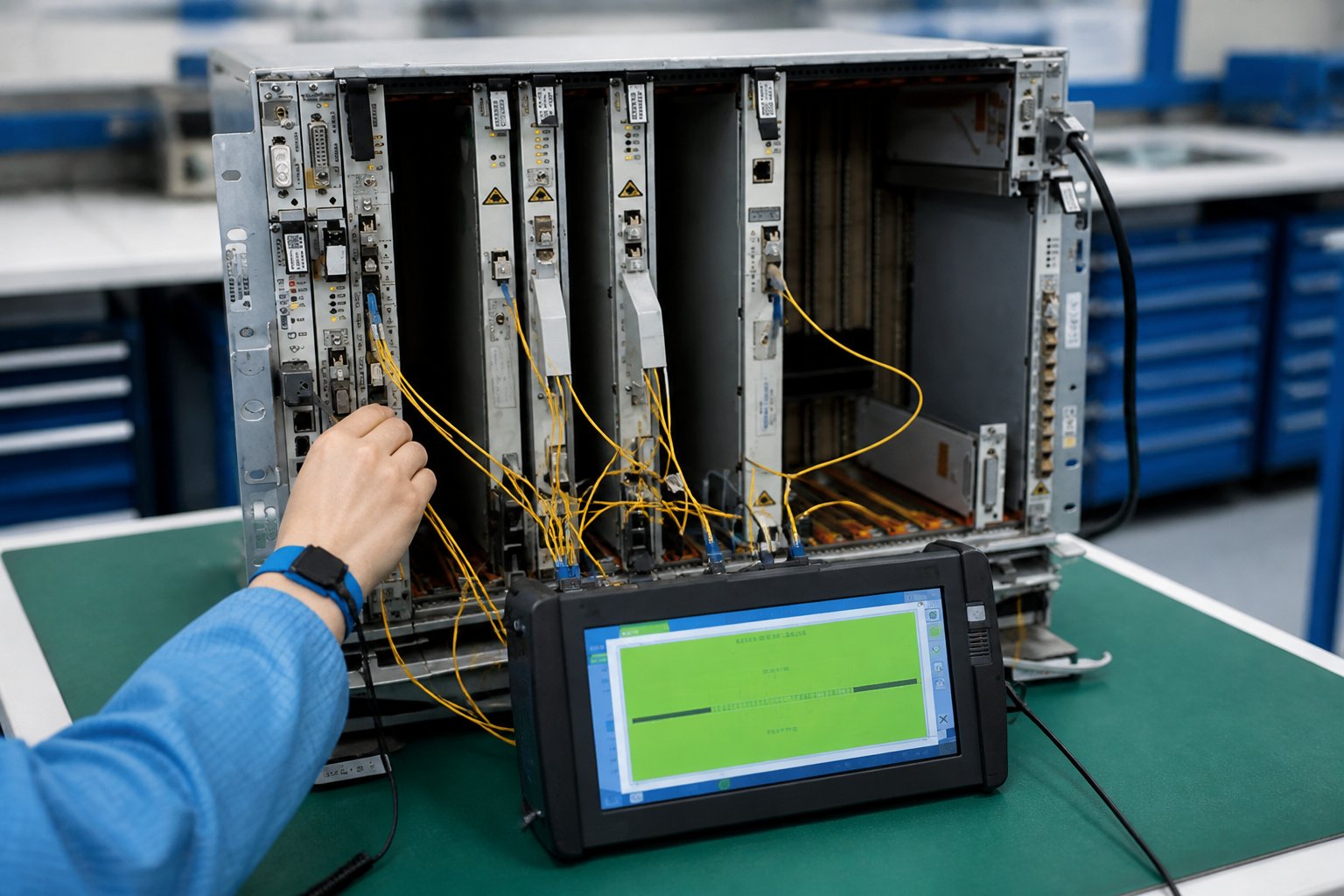 Chassi óptico sob teste com analisador de rede