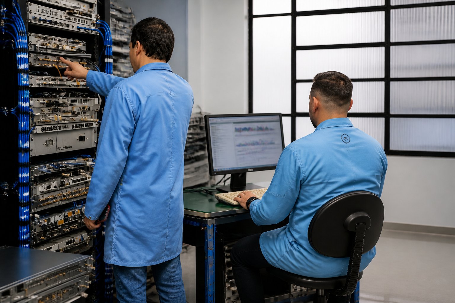 Dupla de técnicos no rack de diagnóstico