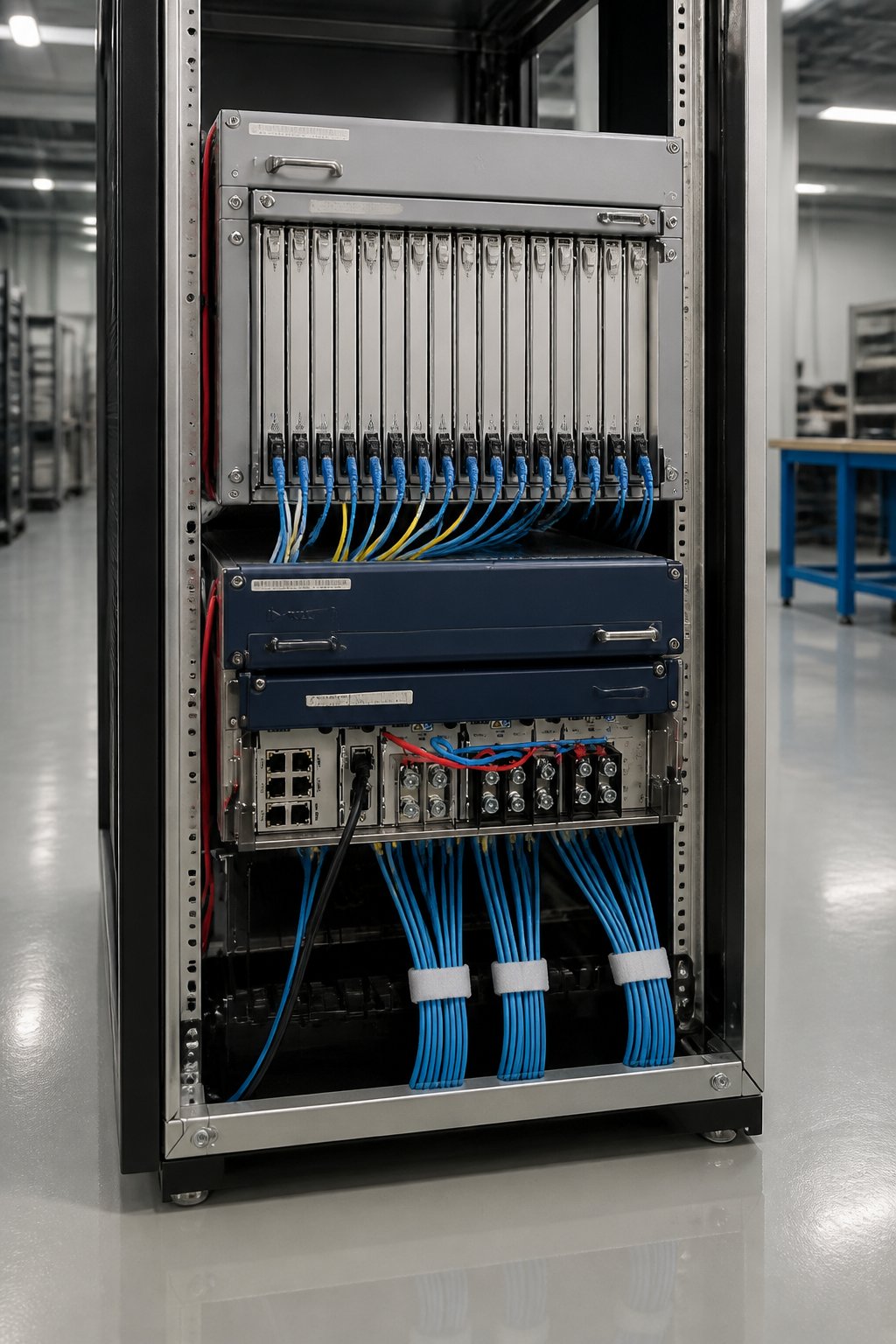 Rack óptico multivendor aberto — cabeamento penteado