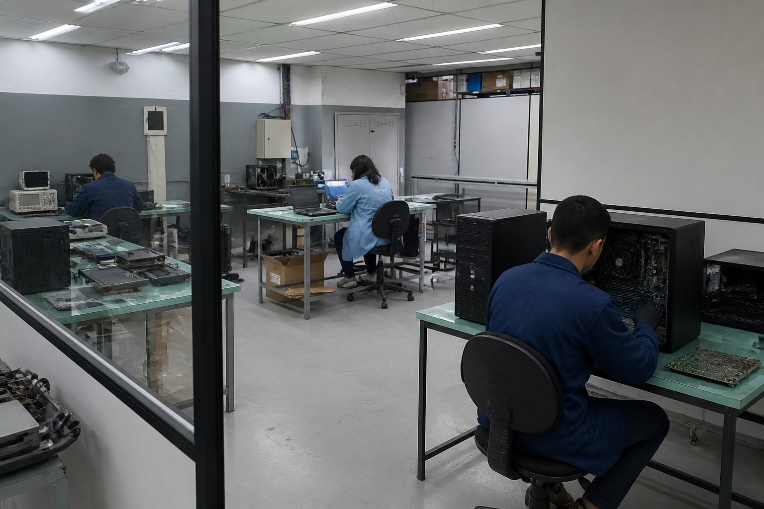 Visão ampla do laboratório de reparo de TI