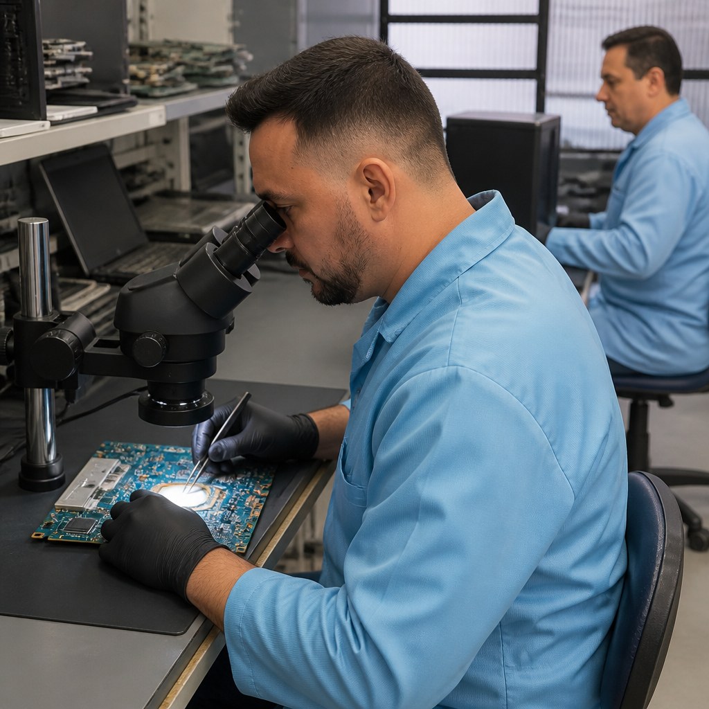 Placa sob lupa — reparo no nível do componente